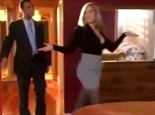 Beautiful busty blonde in pantyhose fucks her client