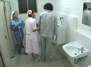 Asian Nurse and Cleaning Lady Help a Patient Jerk off