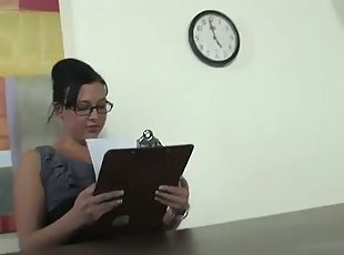 Office girl in glasses gets pussy screwed by big black cock in cuckold clip