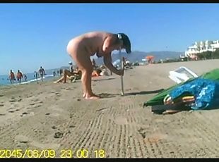 nudista, público, cámara, playa, voyeur