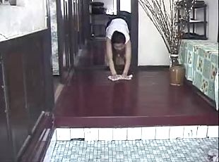 Asian teen cleaning the house and working her twat