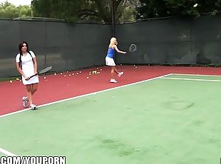 spor, orta-yaşlı-seksi-kadın, yakalanmış, tenis